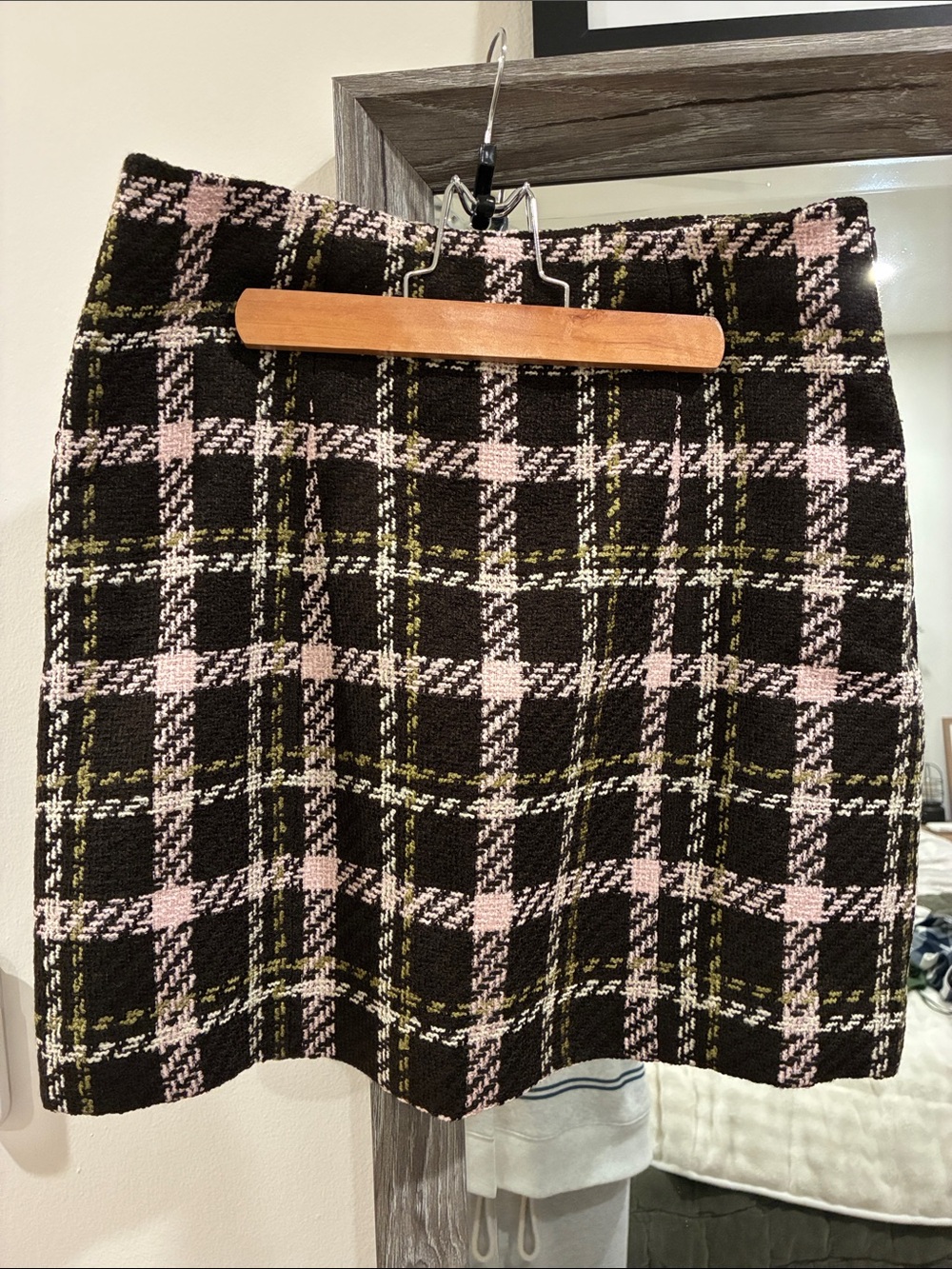 Favorite Daughter Black Plaid Tweed Mini Skirt with Pink and Olive Accents